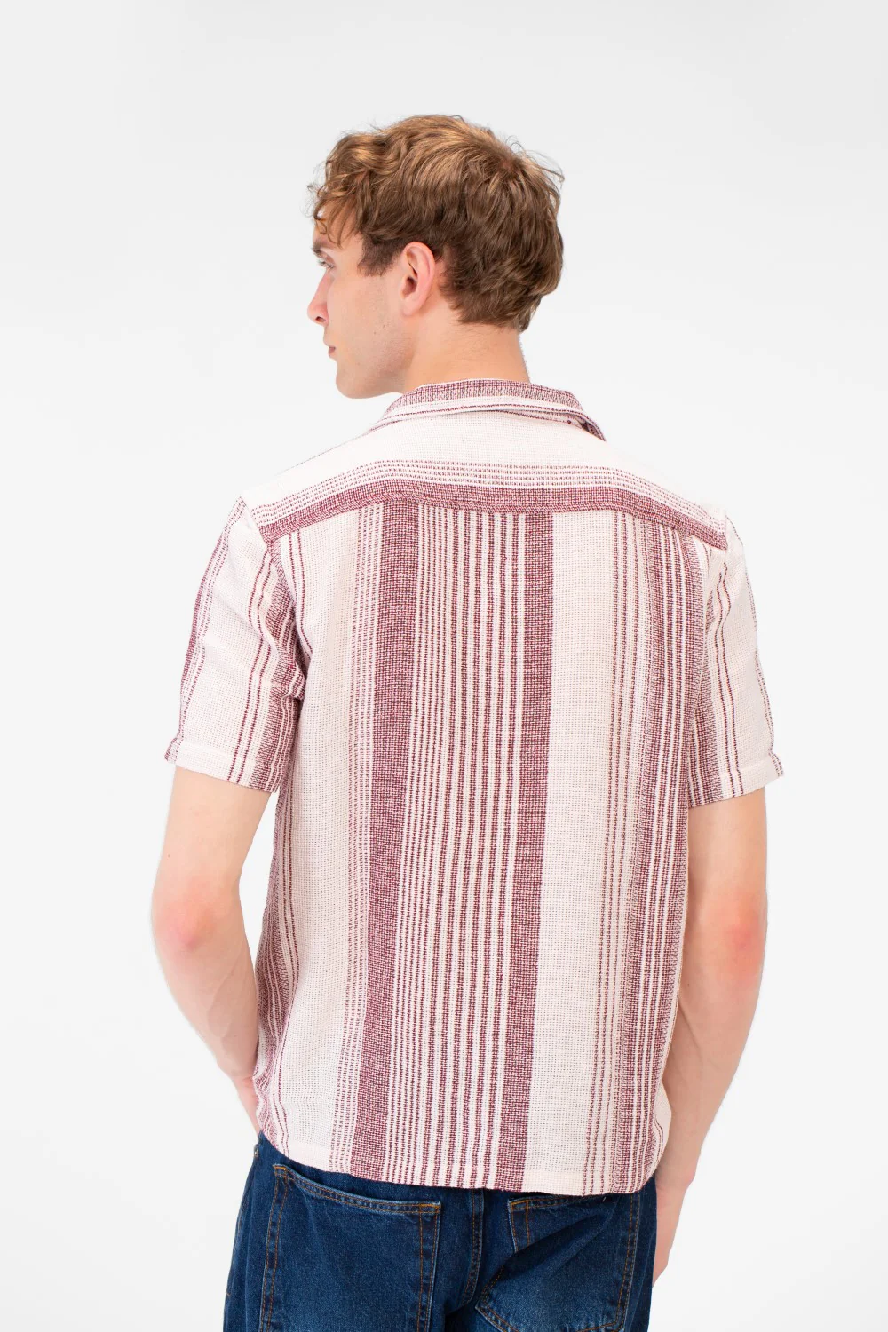 Men's Tomato Store Textured Waffle Knit Fabric Vertical Stripe Pattern Front Button Down Shirt - Image 10