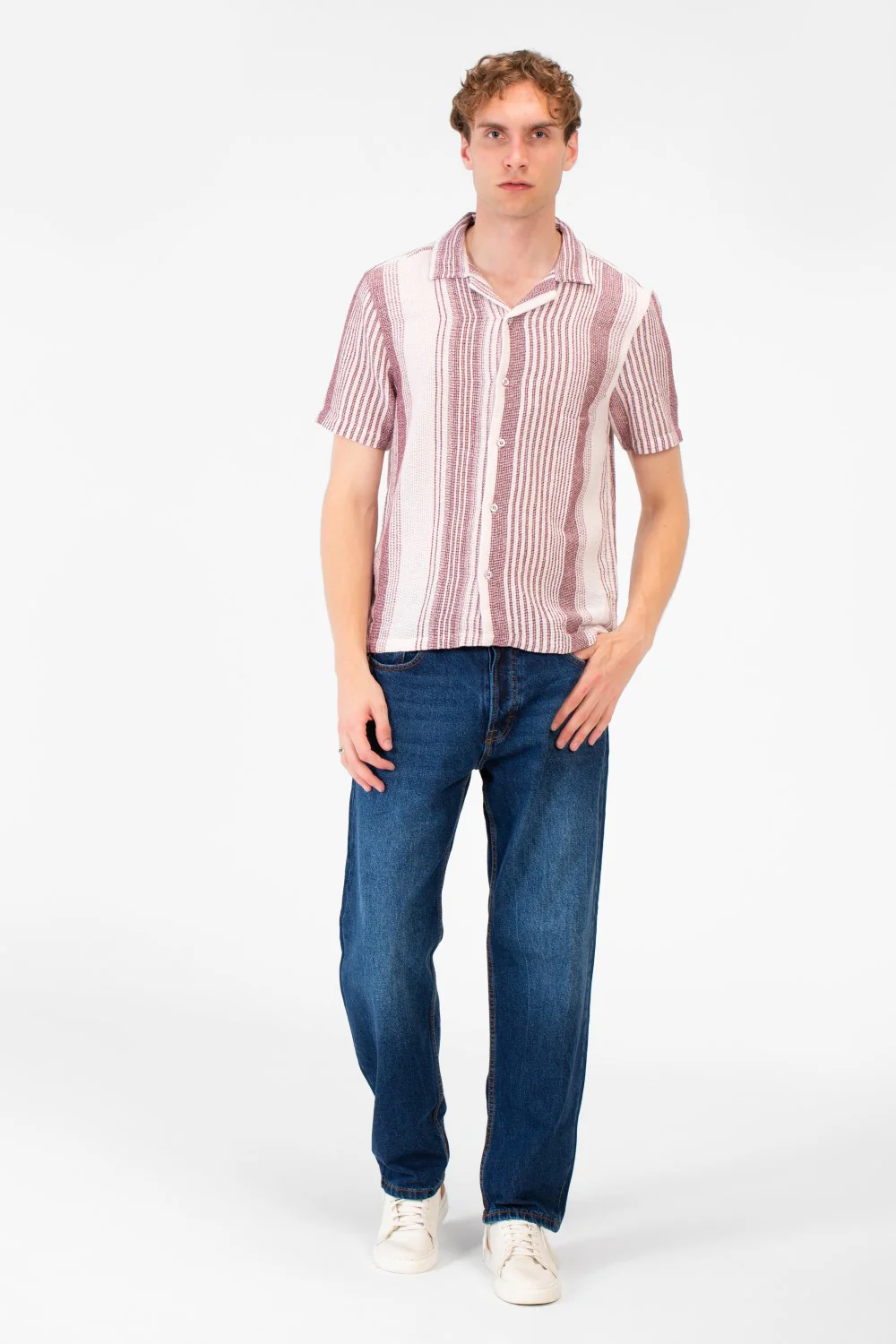 Men's Tomato Store Textured Waffle Knit Fabric Vertical Stripe Pattern Front Button Down Shirt - Image 11