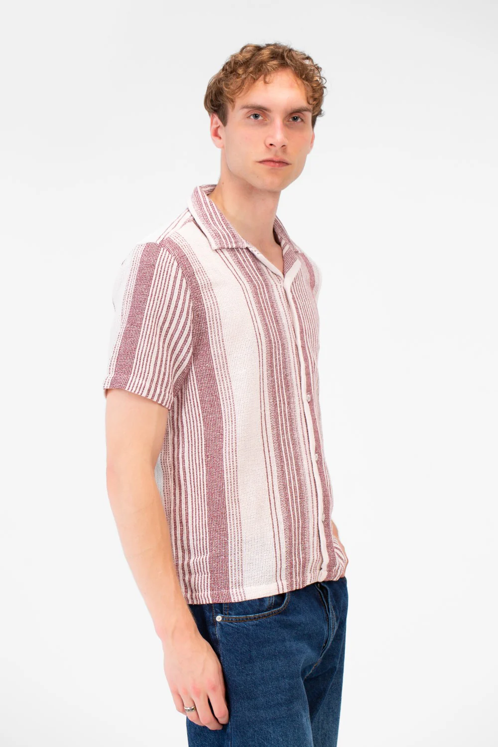 Men's Tomato Store Textured Waffle Knit Fabric Vertical Stripe Pattern Front Button Down Shirt - Image 12