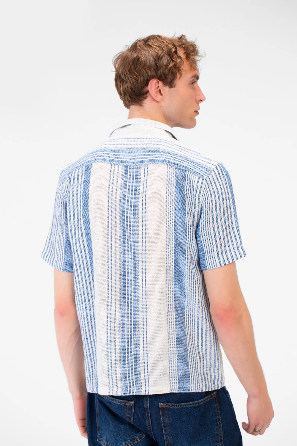 Men's Tomato Store Textured Waffle Knit Fabric Vertical Stripe Pattern Front Button Down Shirt - Image 2