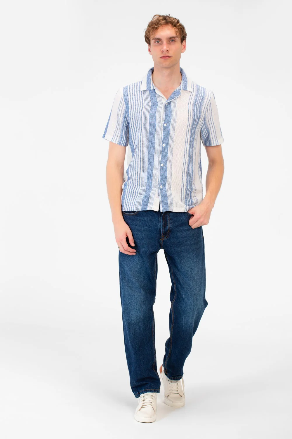 Men's Tomato Store Textured Waffle Knit Fabric Vertical Stripe Pattern Front Button Down Shirt - Image 3