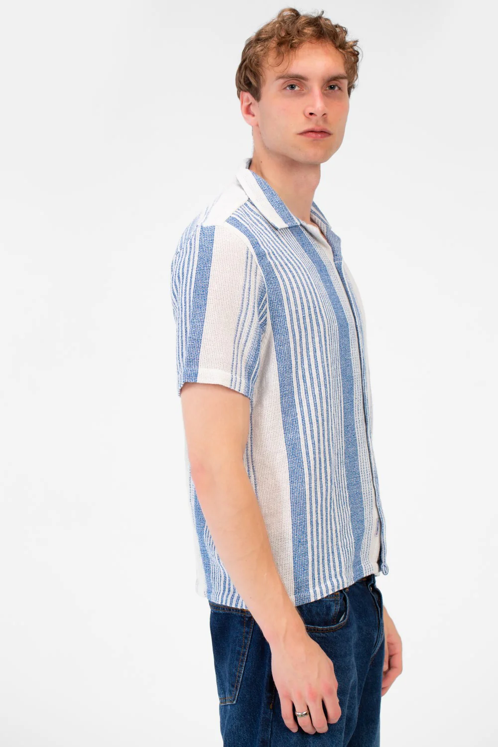 Men's Tomato Store Textured Waffle Knit Fabric Vertical Stripe Pattern Front Button Down Shirt - Image 4