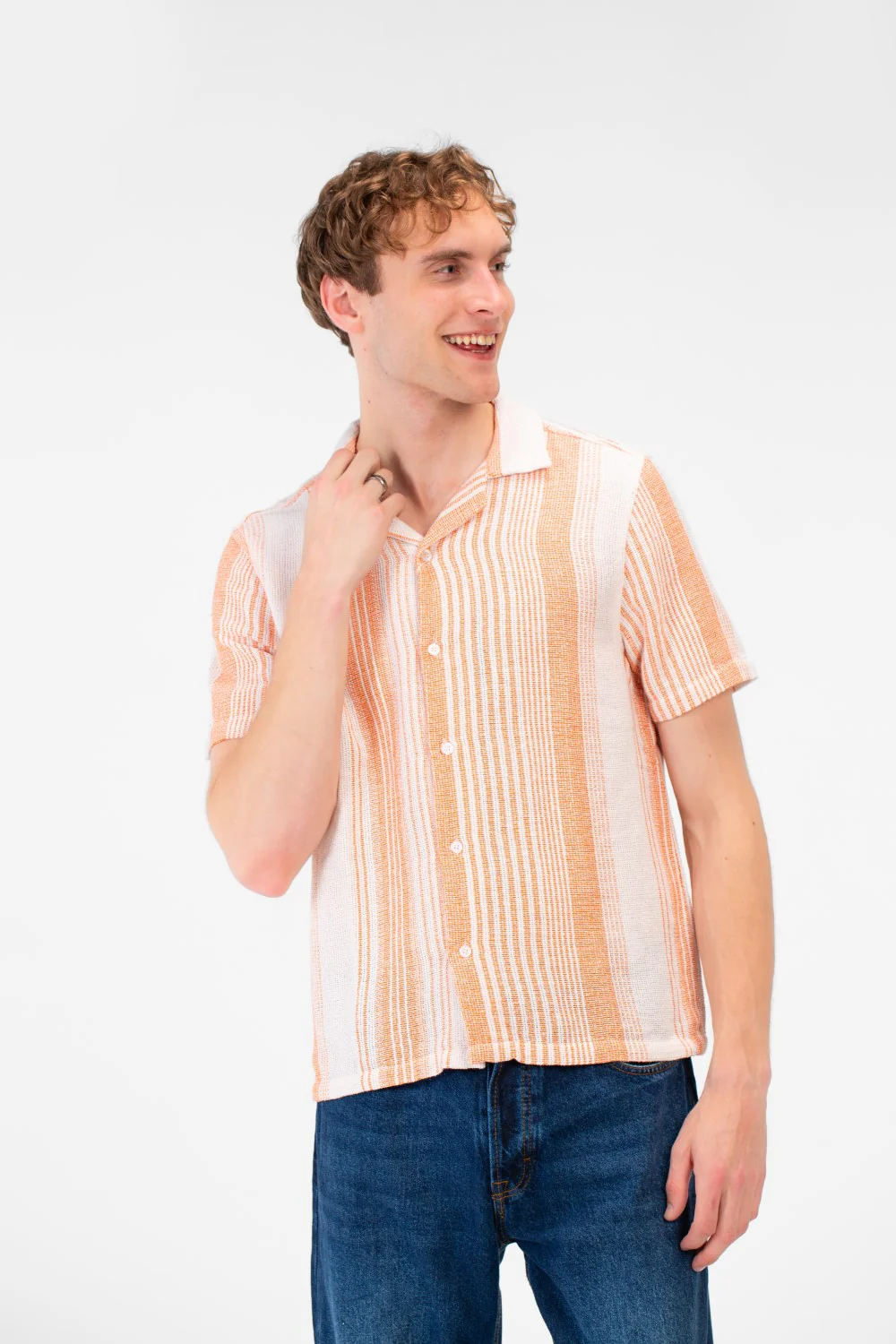 Men's Tomato Store Textured Waffle Knit Fabric Vertical Stripe Pattern Front Button Down Shirt - Image 5