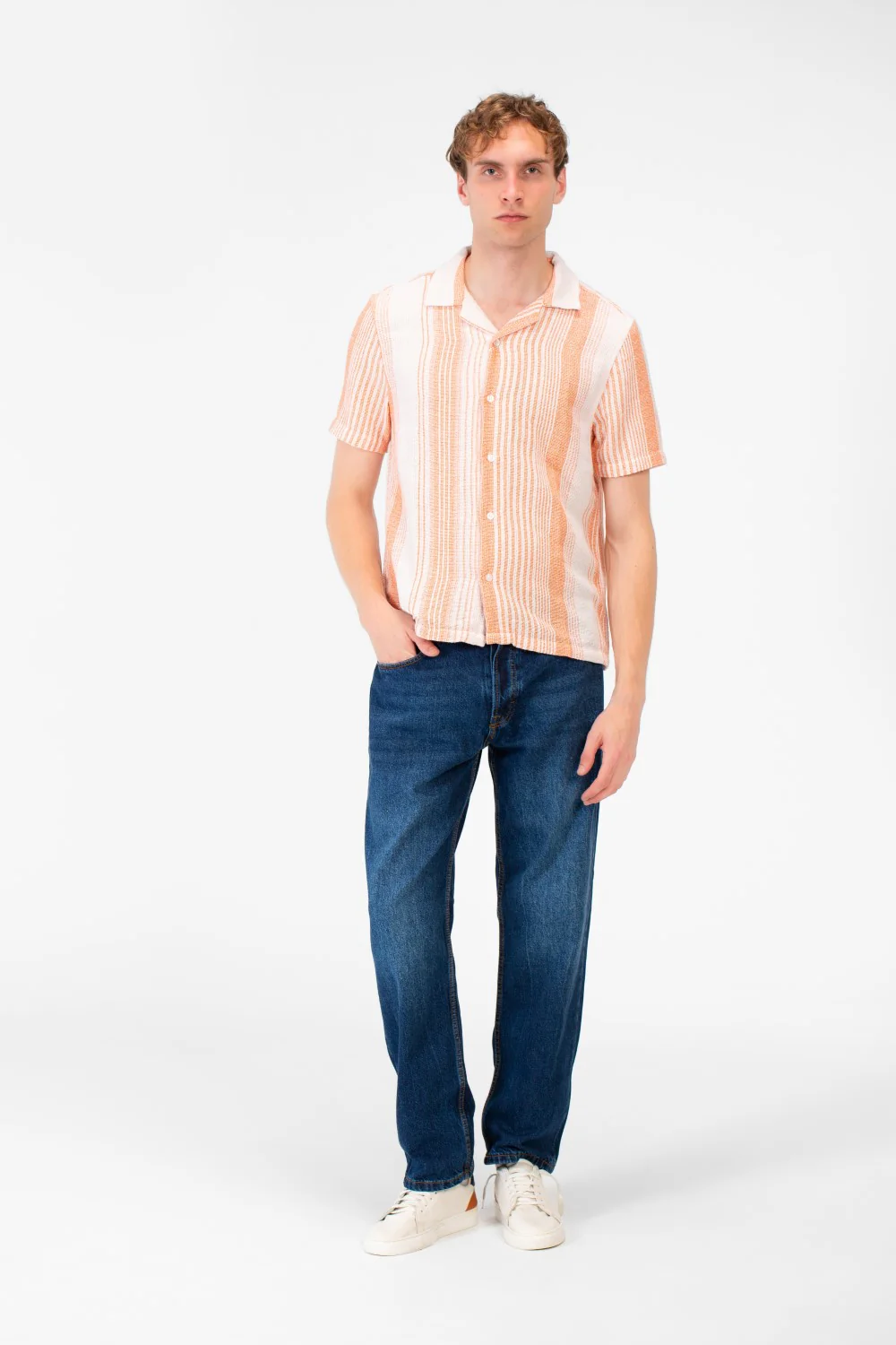 Men's Tomato Store Textured Waffle Knit Fabric Vertical Stripe Pattern Front Button Down Shirt - Image 7