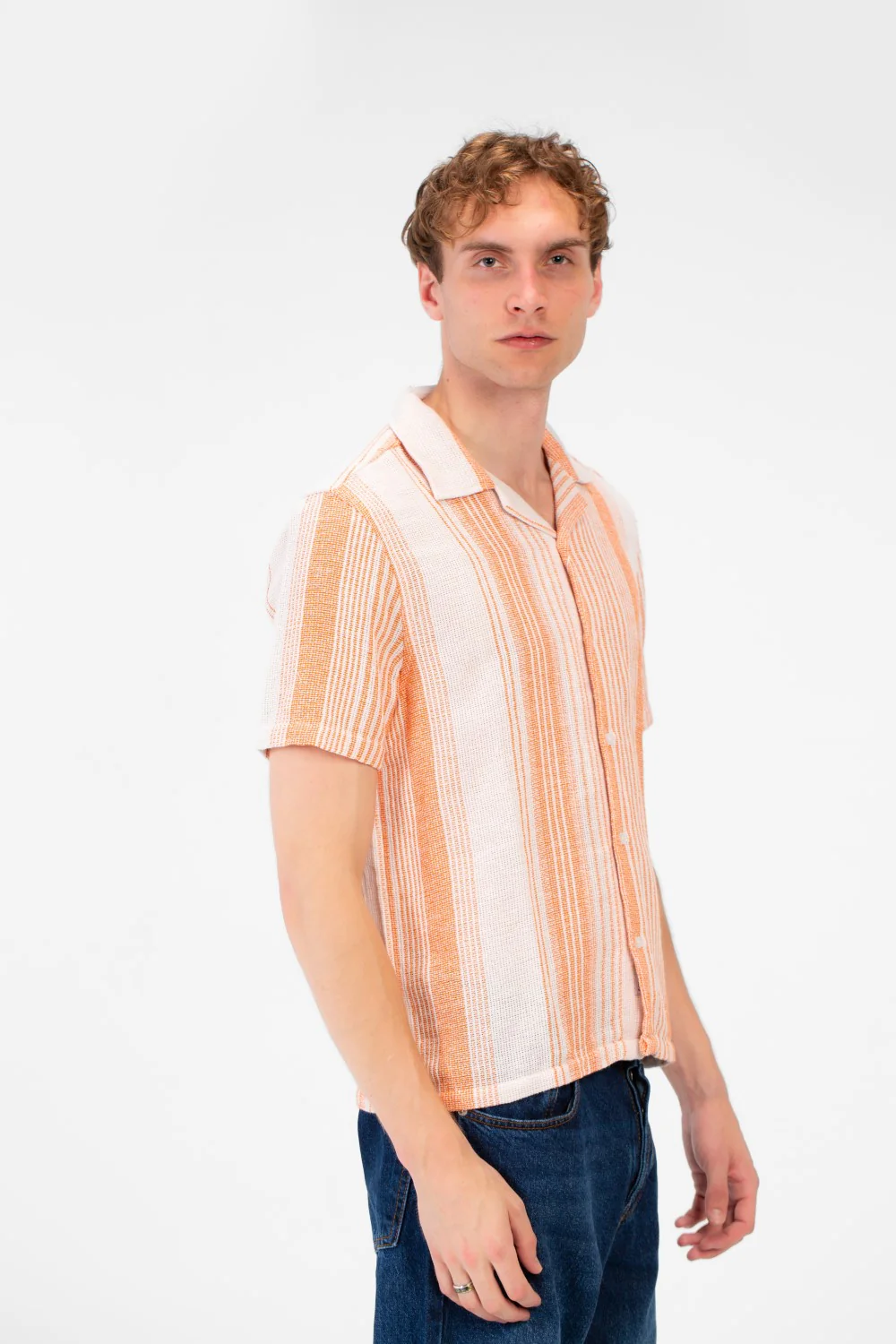 Men's Tomato Store Textured Waffle Knit Fabric Vertical Stripe Pattern Front Button Down Shirt - Image 8