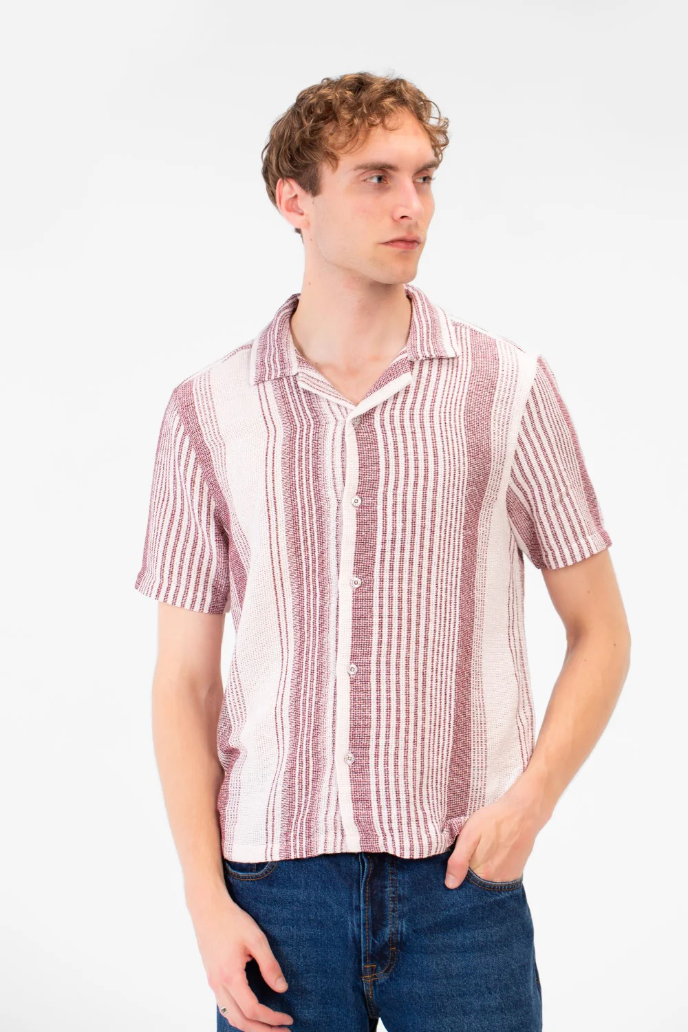 Men's Tomato Store Textured Waffle Knit Fabric Vertical Stripe Pattern Front Button Down Shirt - Image 9