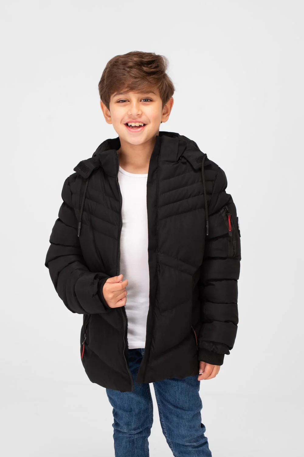 Boy's Waterproof Puffer Hood Jacket With A Zippered Pocket From The Shoulder