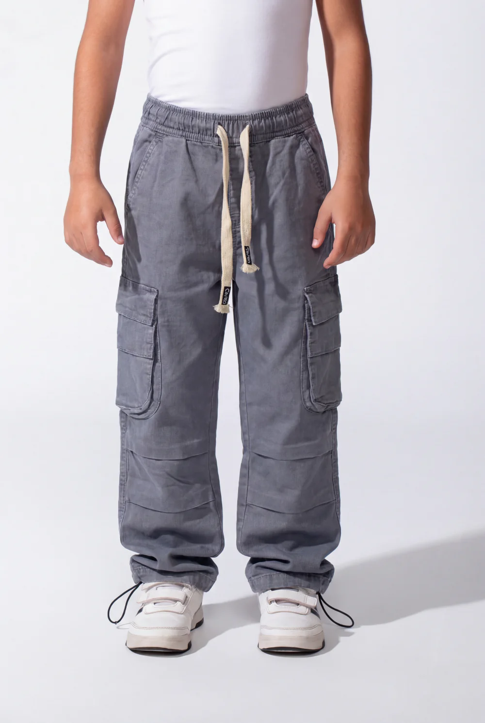 Boy's Wide-Leg Design Elastic Waist Side Cargo Pockets Hams Bungee Cords Versatile Urban Style Cargo Pants - Image 13