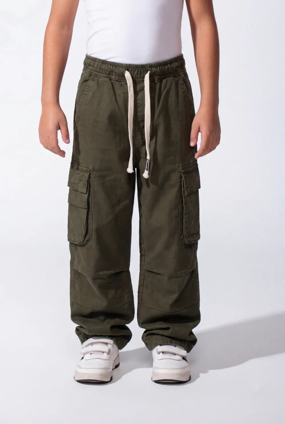 Boy's Wide-Leg Design Elastic Waist Side Cargo Pockets Hams Bungee Cords Versatile Urban Style Cargo Pants - Image 17