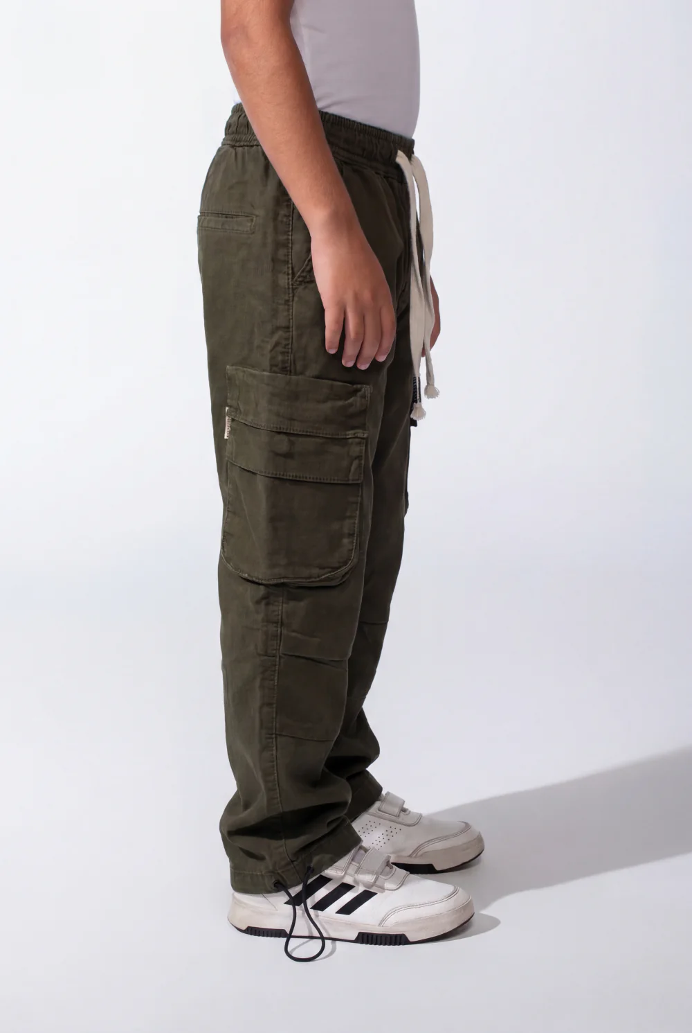 Boy's Wide-Leg Design Elastic Waist Side Cargo Pockets Hams Bungee Cords Versatile Urban Style Cargo Pants - Image 20
