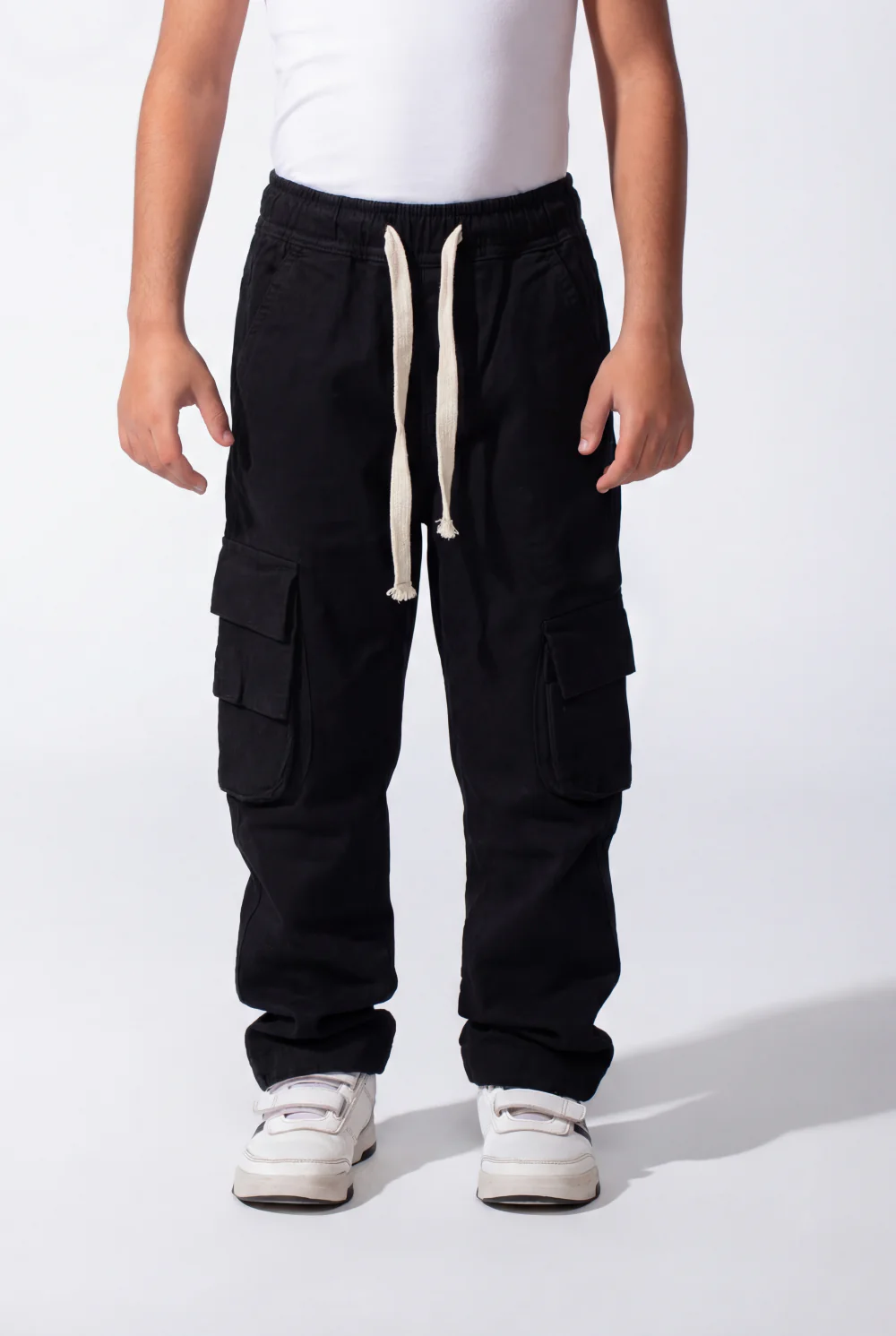 Boy's Wide-Leg Design Elastic Waist Side Cargo Pockets Hams Bungee Cords Versatile Urban Style Cargo Pants - Image 5
