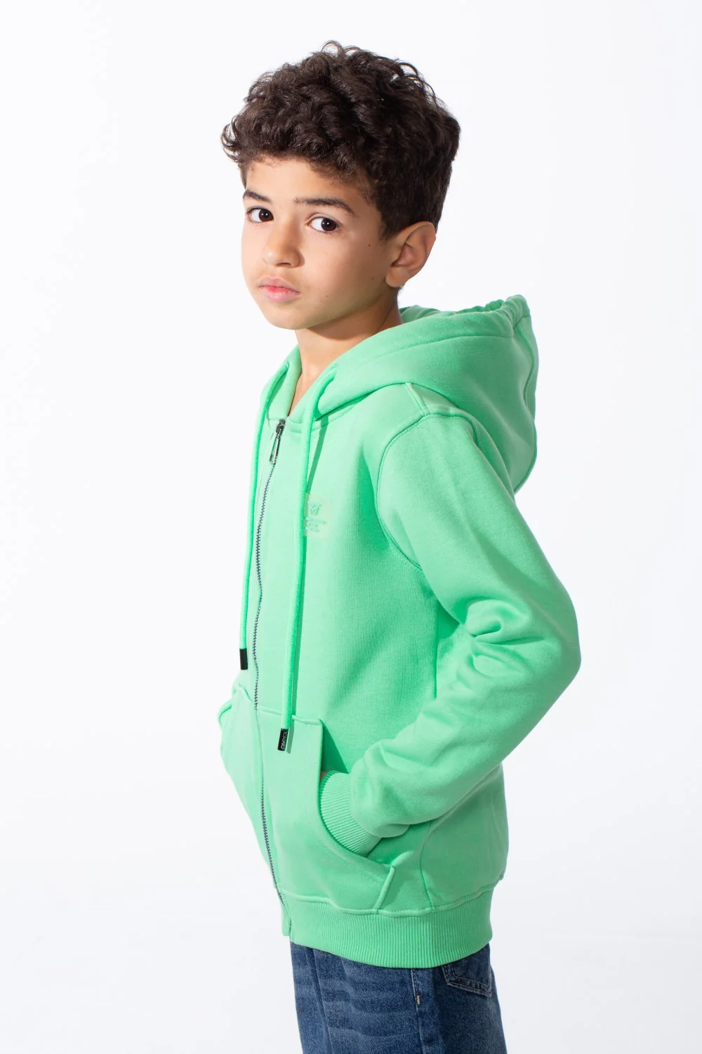 Boy's Zip-Up Hood Ribbed Cuffs Split Kangaroo Pockets Transparent Silicone Patch Casual Sweatshirt - Image 4
