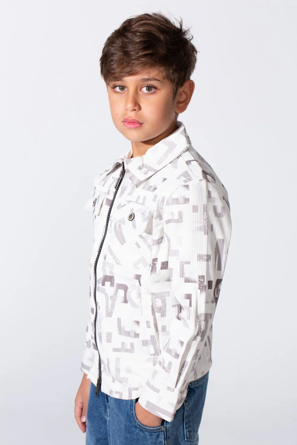 Boy's Zip-Up With Classic Neck Chest Pocket Graphic Print Slim Fit Jakar Shirt