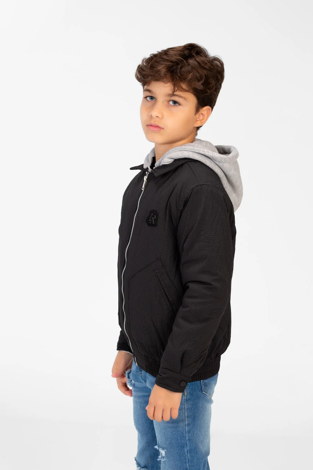 Boys's Waterproof Gray Hood Jacket With Zippers - Image 3