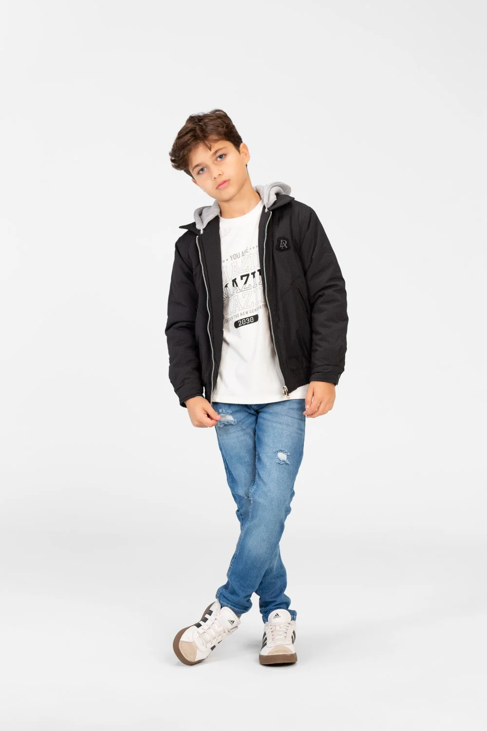 Boys's Waterproof Gray Hood Jacket With Zippers - Image 4