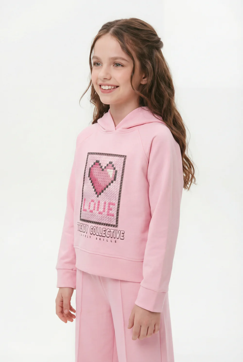 Girl’s Co-Ord Set Crossover Hood Pixelated Graphic Print Pin Tuck Seam Detail Versatile Staple Trendy Everyday Wardrobe Slim Fit Outfit - Image 11