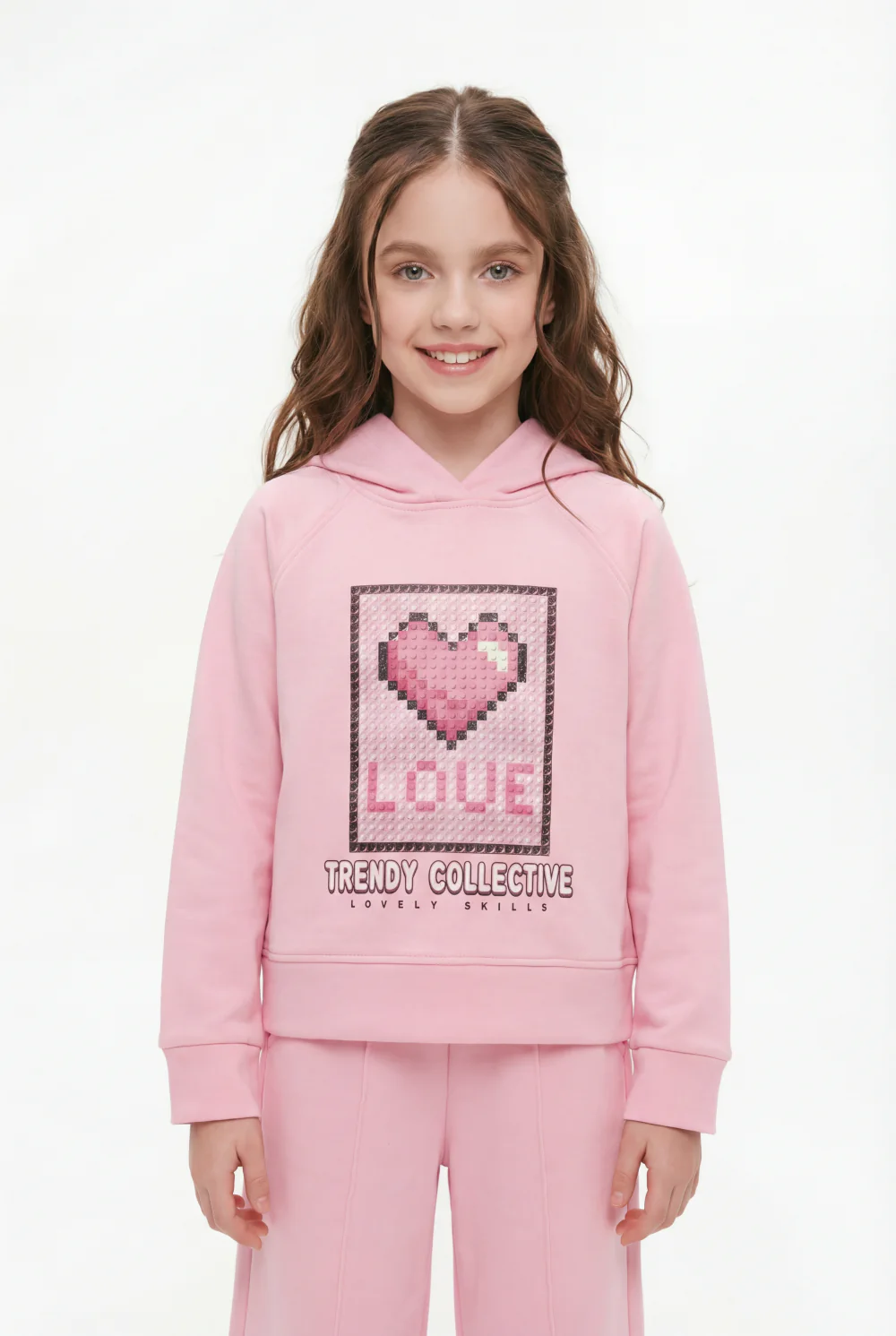 Girl’s Co-Ord Set Crossover Hood Pixelated Graphic Print Pin Tuck Seam Detail Versatile Staple Trendy Everyday Wardrobe Slim Fit Outfit - Image 12