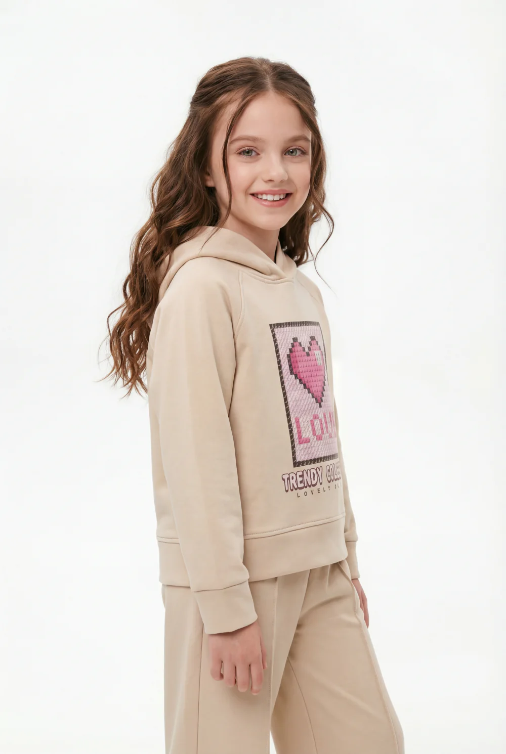 Girl’s Co-Ord Set Crossover Hood Pixelated Graphic Print Pin Tuck Seam Detail Versatile Staple Trendy Everyday Wardrobe Slim Fit Outfit - Image 3