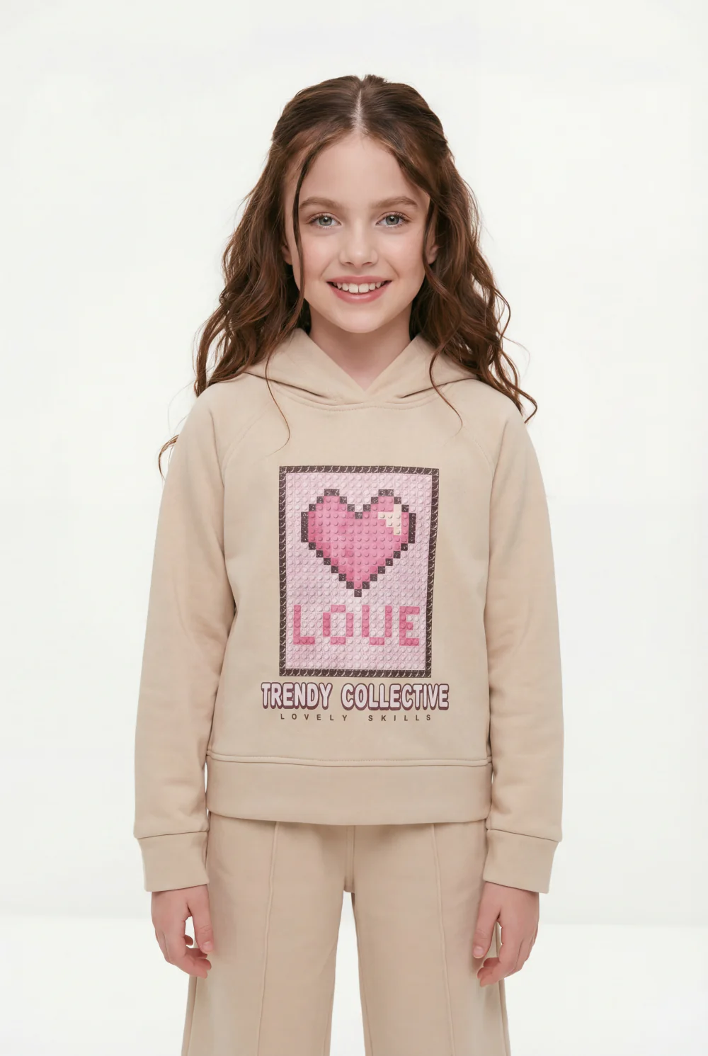 Girl’s Co-Ord Set Crossover Hood Pixelated Graphic Print Pin Tuck Seam Detail Versatile Staple Trendy Everyday Wardrobe Slim Fit Outfit - Image 4