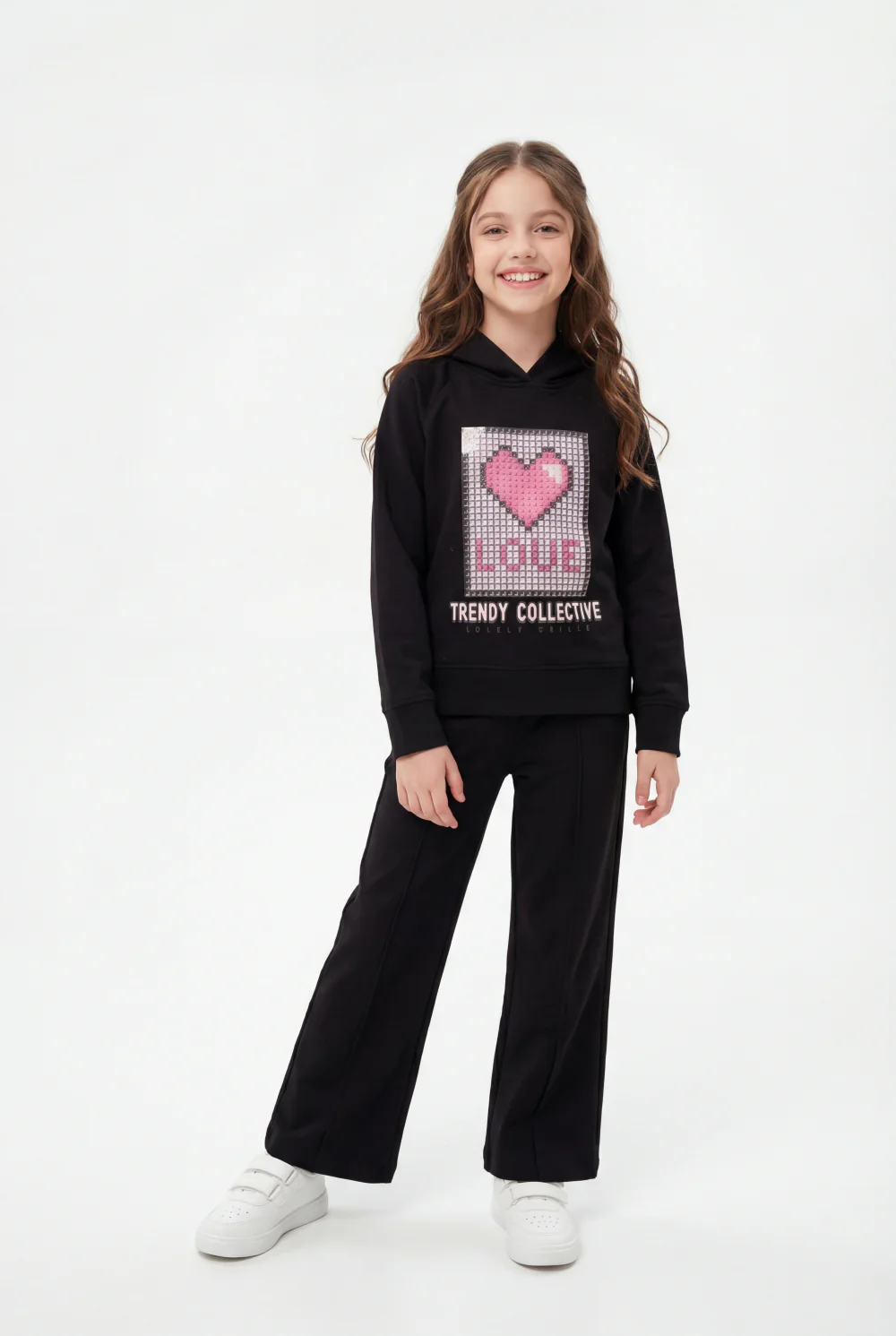 Girl’s Co-Ord Set Crossover Hood Pixelated Graphic Print Pin Tuck Seam Detail Versatile Staple Trendy Everyday Wardrobe Slim Fit Outfit - Image 5