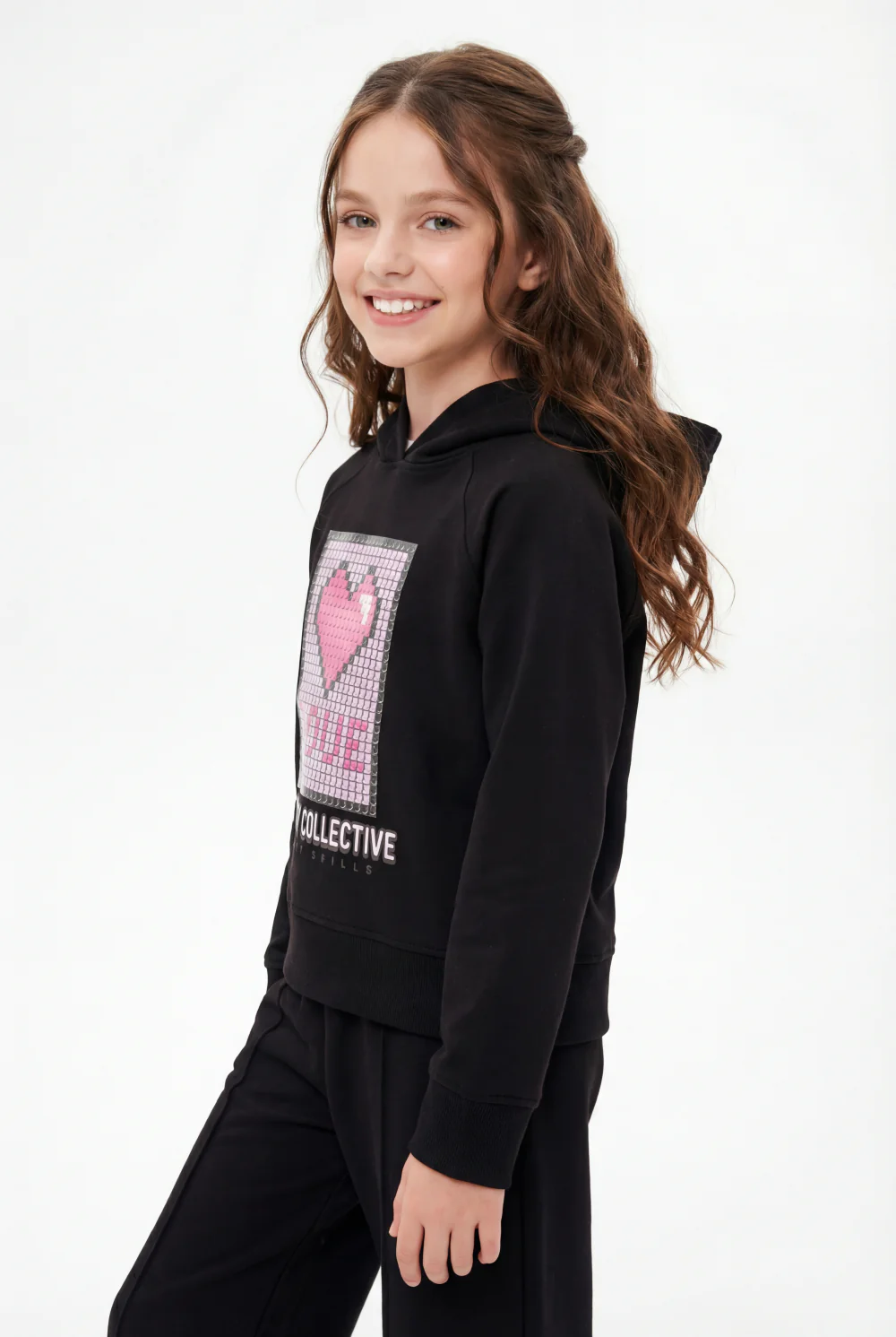 Girl’s Co-Ord Set Crossover Hood Pixelated Graphic Print Pin Tuck Seam Detail Versatile Staple Trendy Everyday Wardrobe Slim Fit Outfit - Image 7