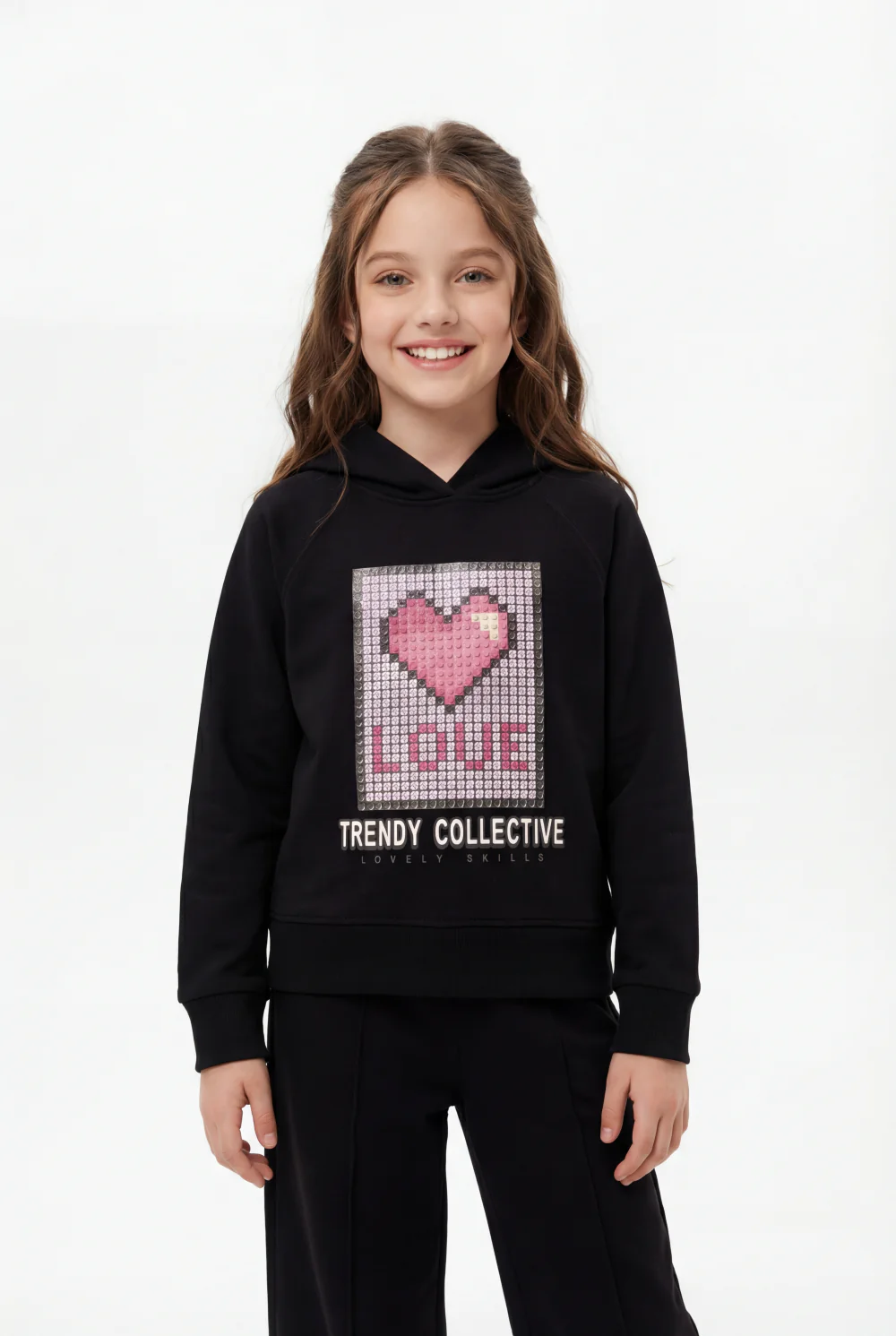 Girl’s Co-Ord Set Crossover Hood Pixelated Graphic Print Pin Tuck Seam Detail Versatile Staple Trendy Everyday Wardrobe Slim Fit Outfit - Image 8