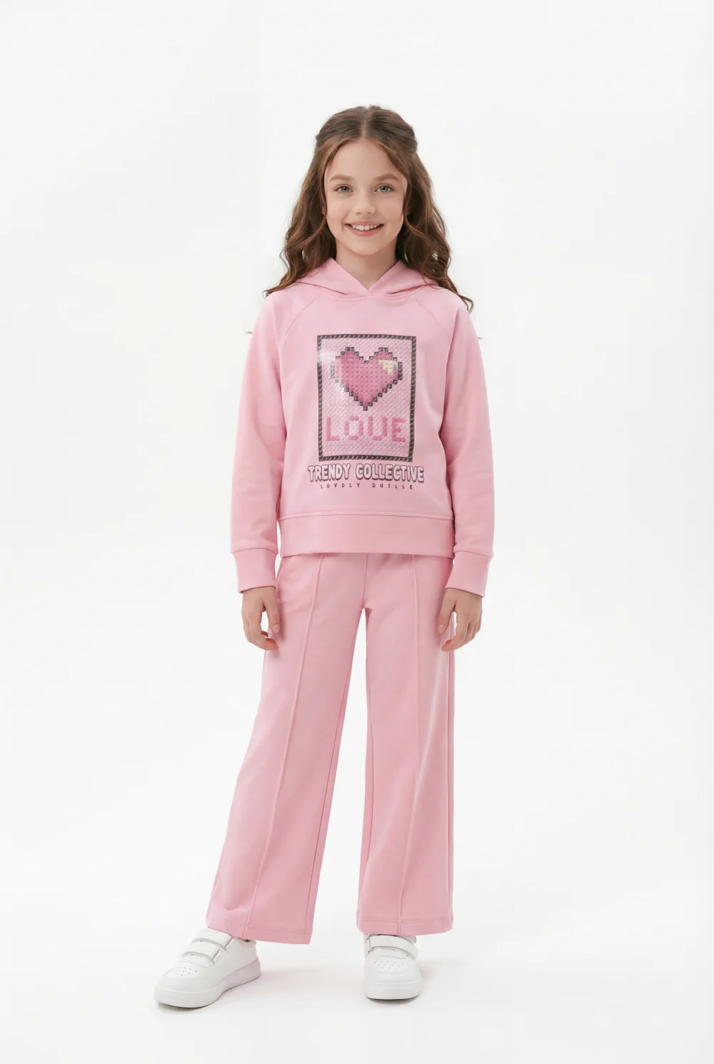 Girl’s Co-Ord Set Crossover Hood Pixelated Graphic Print Pin Tuck Seam Detail Versatile Staple Trendy Everyday Wardrobe Slim Fit Outfit - Image 9