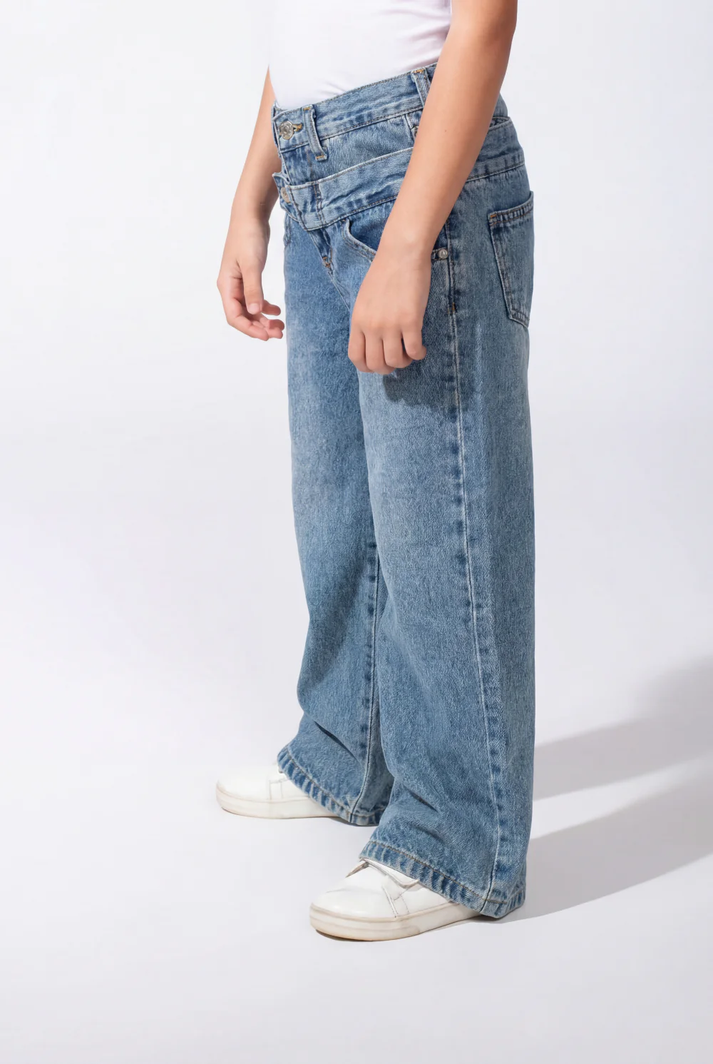Girl’s Double Waistband Acid Wash Denim Dual Button Fastening Wide Leg Jeans Pants - Image 10