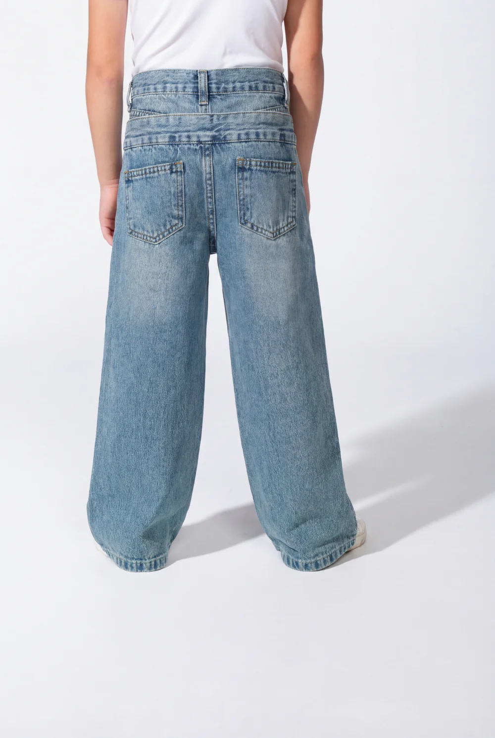 Girl’s Double Waistband Acid Wash Denim Dual Button Fastening Wide Leg Jeans Pants - Image 11