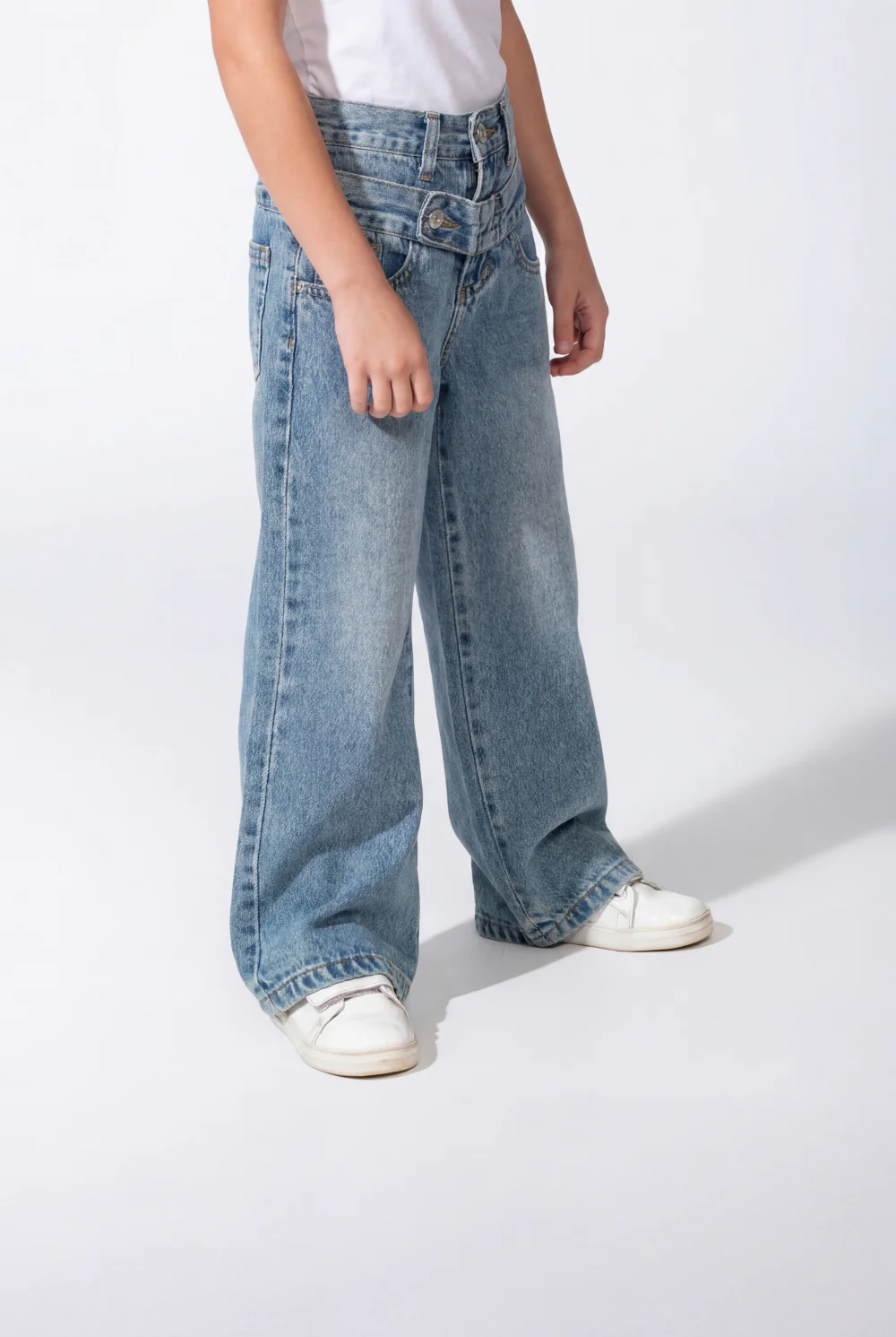 Girl’s Double Waistband Acid Wash Denim Dual Button Fastening Wide Leg Jeans Pants - Image 12
