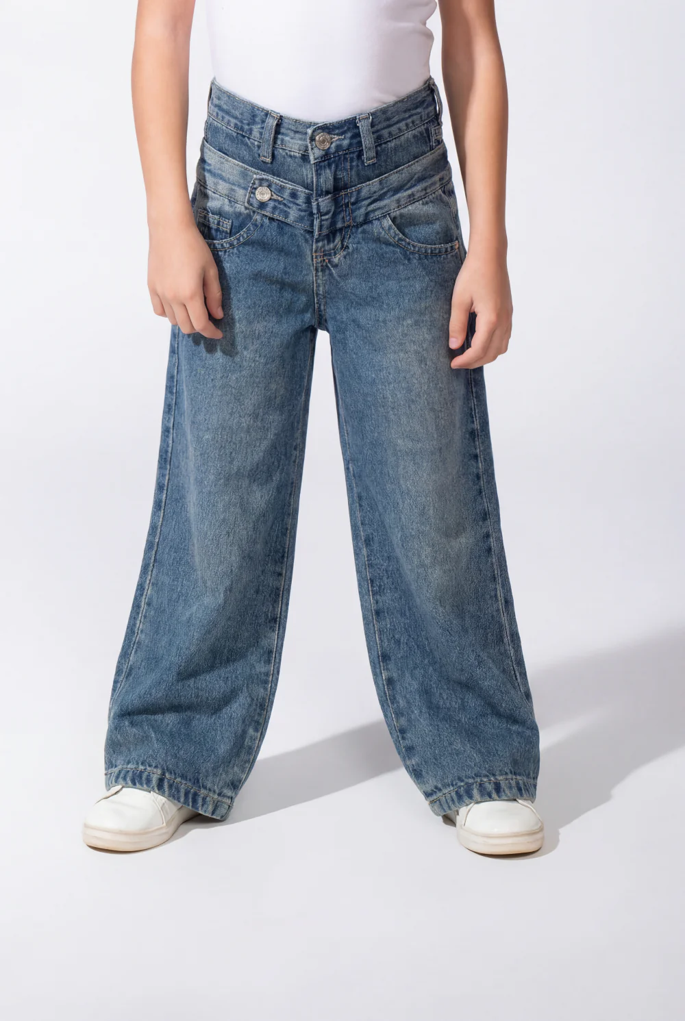 Girl’s Double Waistband Acid Wash Denim Dual Button Fastening Wide Leg Jeans Pants - Image 13