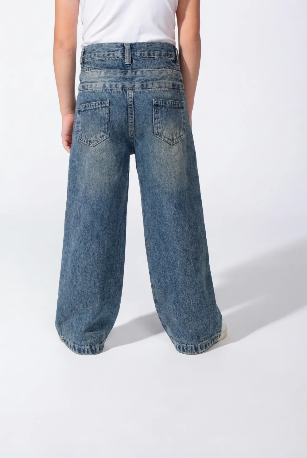 Girl’s Double Waistband Acid Wash Denim Dual Button Fastening Wide Leg Jeans Pants - Image 14