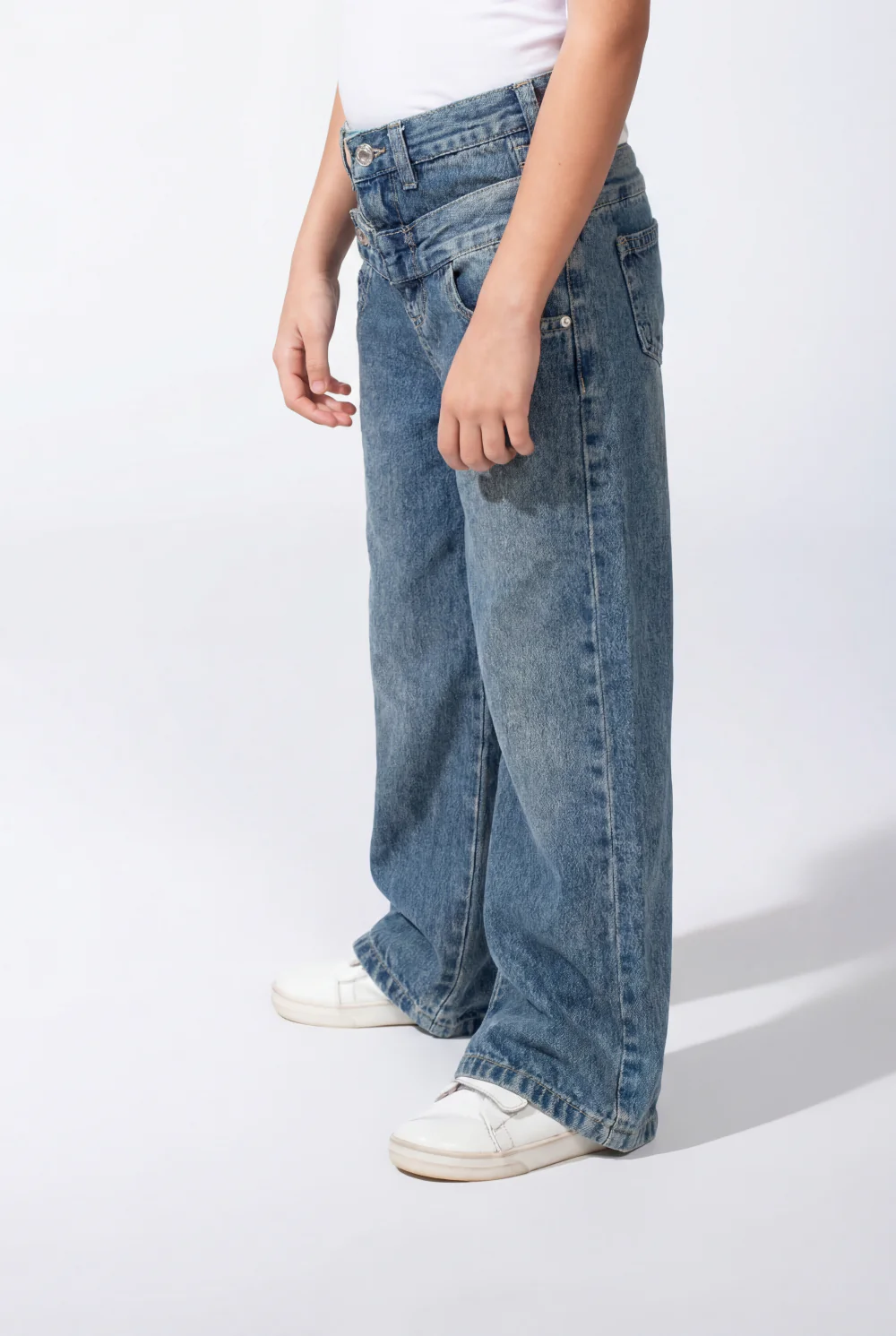 Girl’s Double Waistband Acid Wash Denim Dual Button Fastening Wide Leg Jeans Pants - Image 15