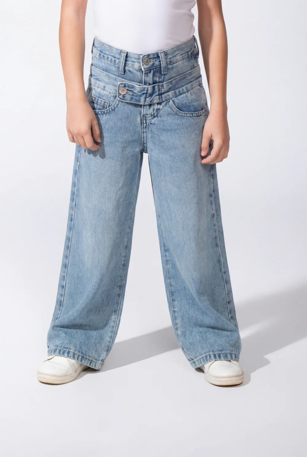 Girl’s Double Waistband Acid Wash Denim Dual Button Fastening Wide Leg Jeans Pants - Image 16