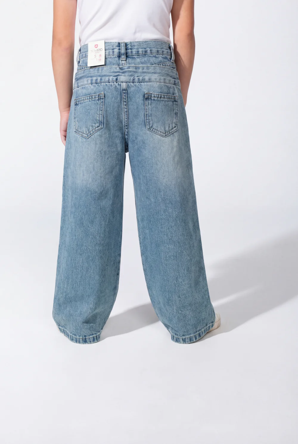 Girl’s Double Waistband Acid Wash Denim Dual Button Fastening Wide Leg Jeans Pants - Image 17