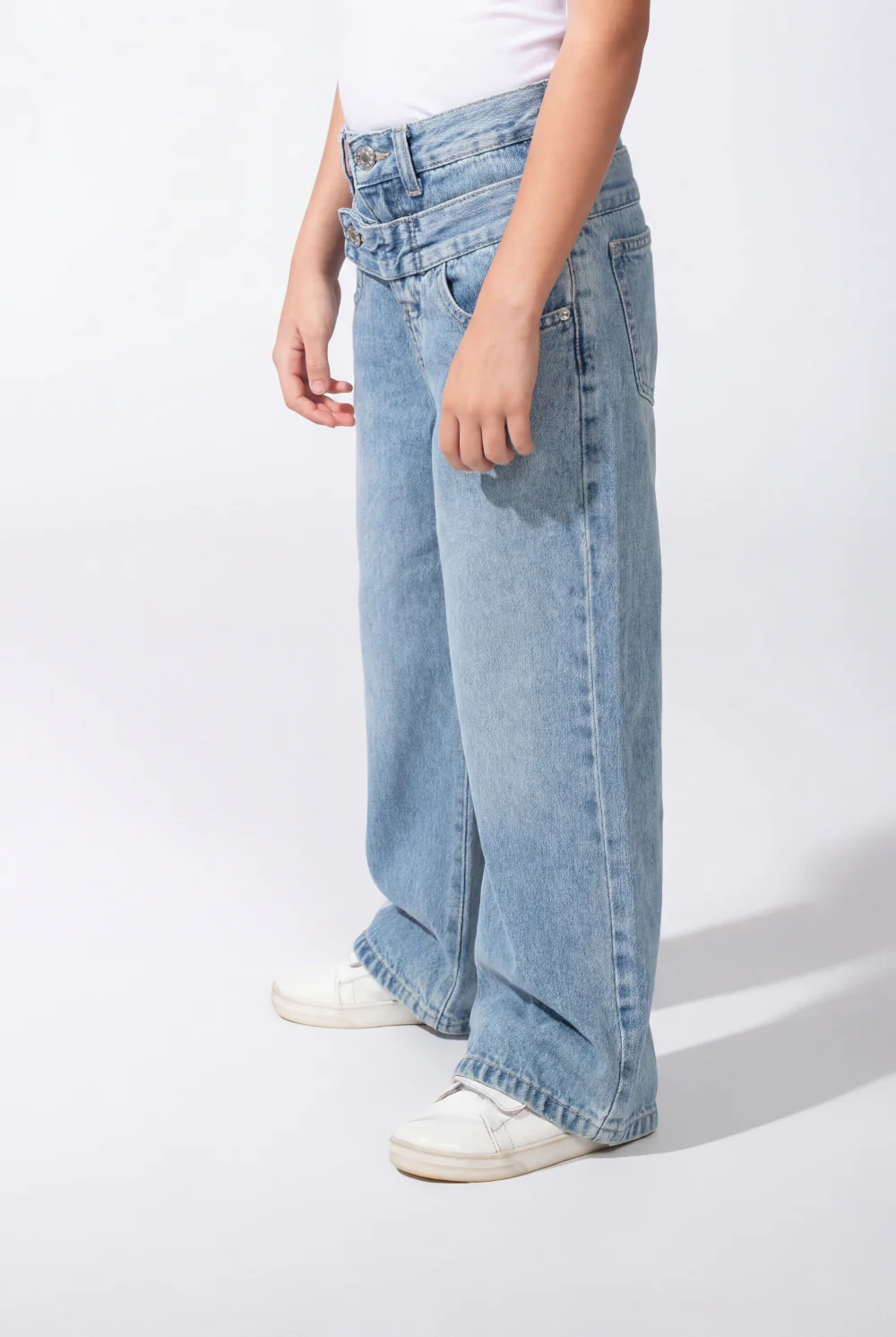 Girl’s Double Waistband Acid Wash Denim Dual Button Fastening Wide Leg Jeans Pants - Image 18