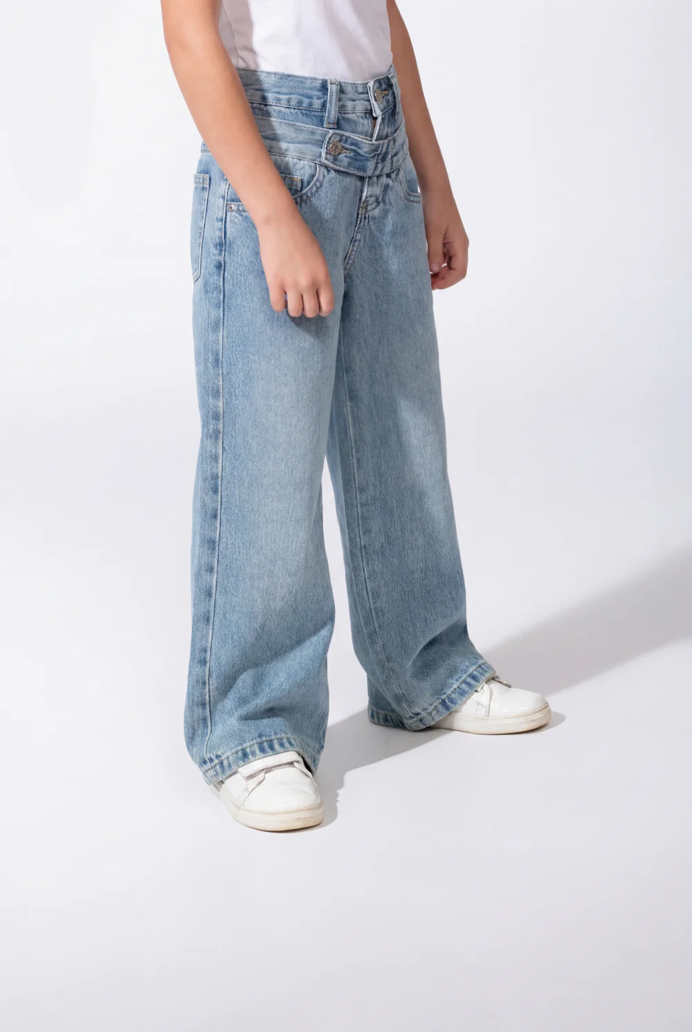 Girl’s Double Waistband Acid Wash Denim Dual Button Fastening Wide Leg Jeans Pants - Image 19