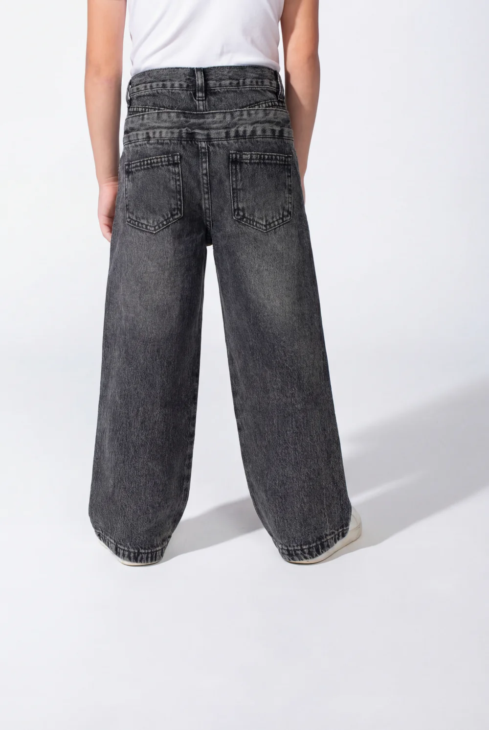 Girl’s Double Waistband Acid Wash Denim Dual Button Fastening Wide Leg Jeans Pants - Image 2