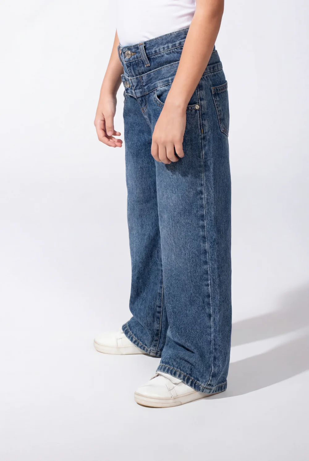 Girl’s Double Waistband Acid Wash Denim Dual Button Fastening Wide Leg Jeans Pants - Image 20