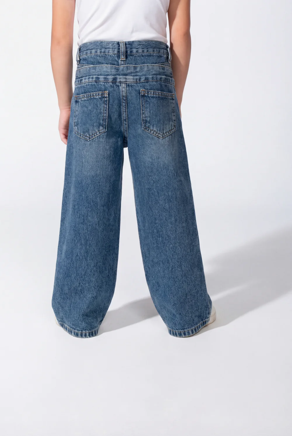 Girl’s Double Waistband Acid Wash Denim Dual Button Fastening Wide Leg Jeans Pants - Image 21