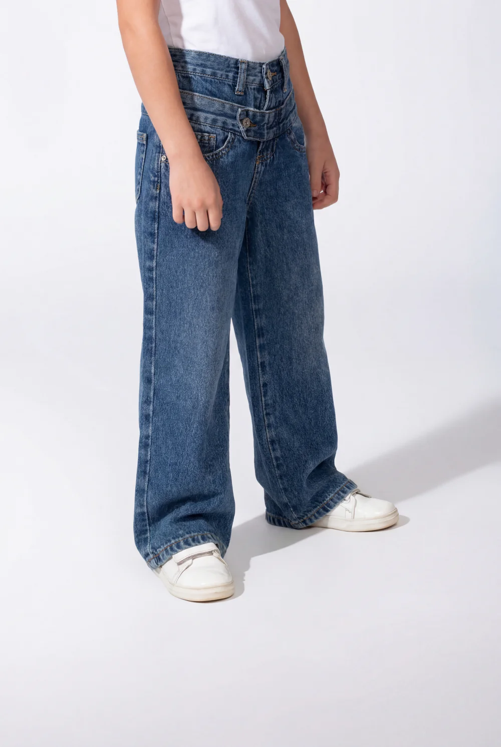Girl’s Double Waistband Acid Wash Denim Dual Button Fastening Wide Leg Jeans Pants - Image 22