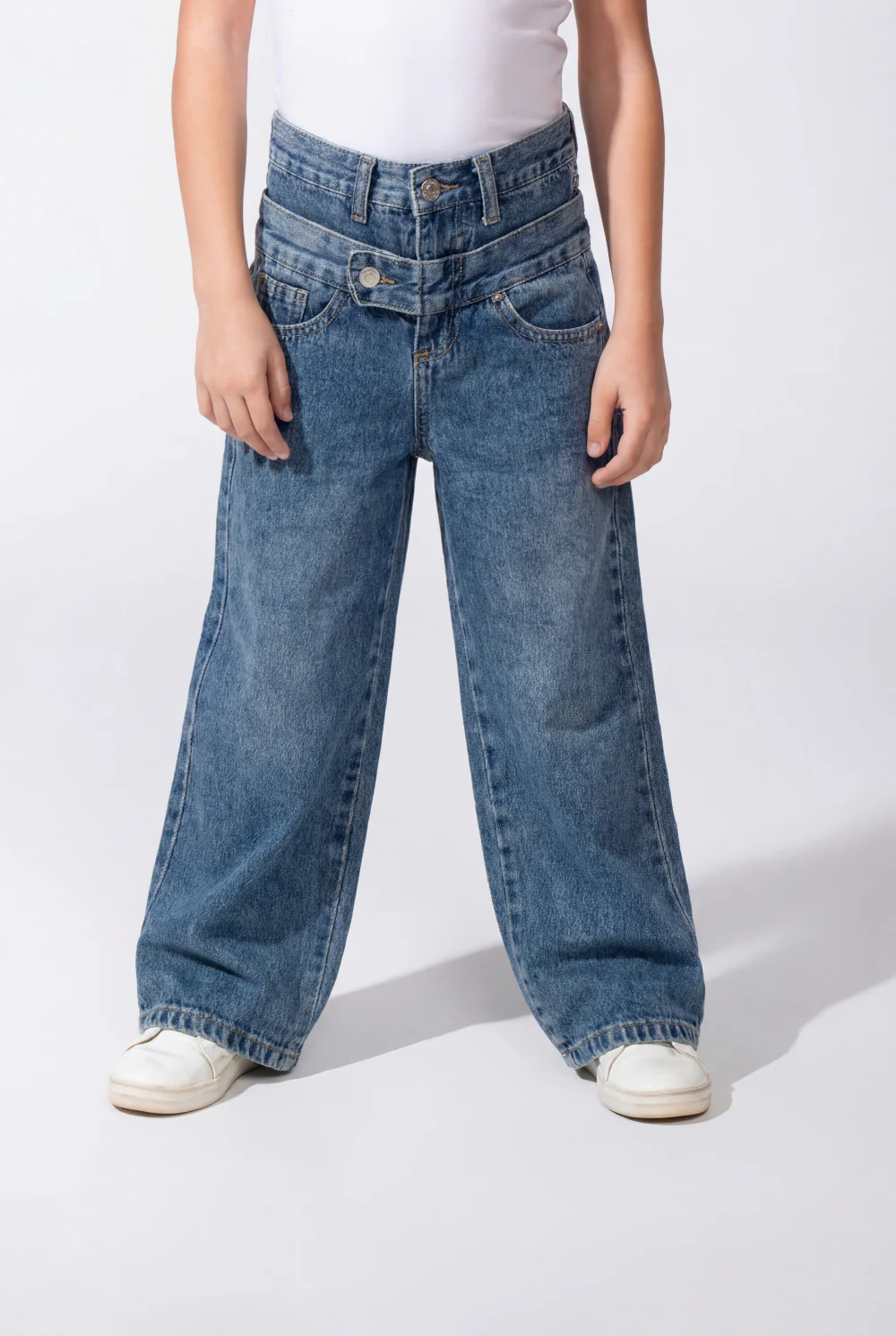 Girl’s Double Waistband Acid Wash Denim Dual Button Fastening Wide Leg Jeans Pants - Image 23