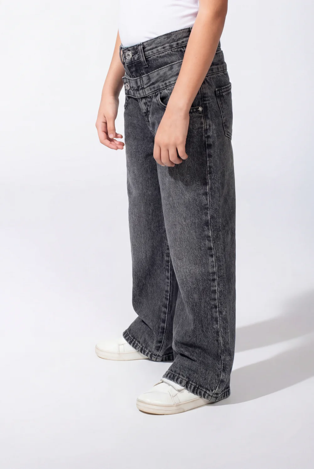 Girl’s Double Waistband Acid Wash Denim Dual Button Fastening Wide Leg Jeans Pants - Image 3