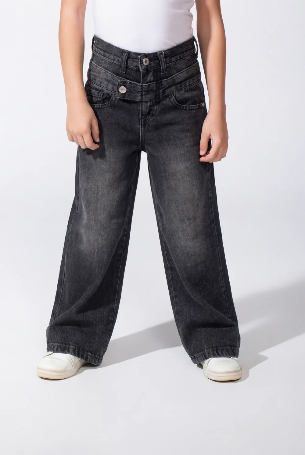 Girl’s Double Waistband Acid Wash Denim Dual Button Fastening Wide Leg Jeans Pants - Image 4