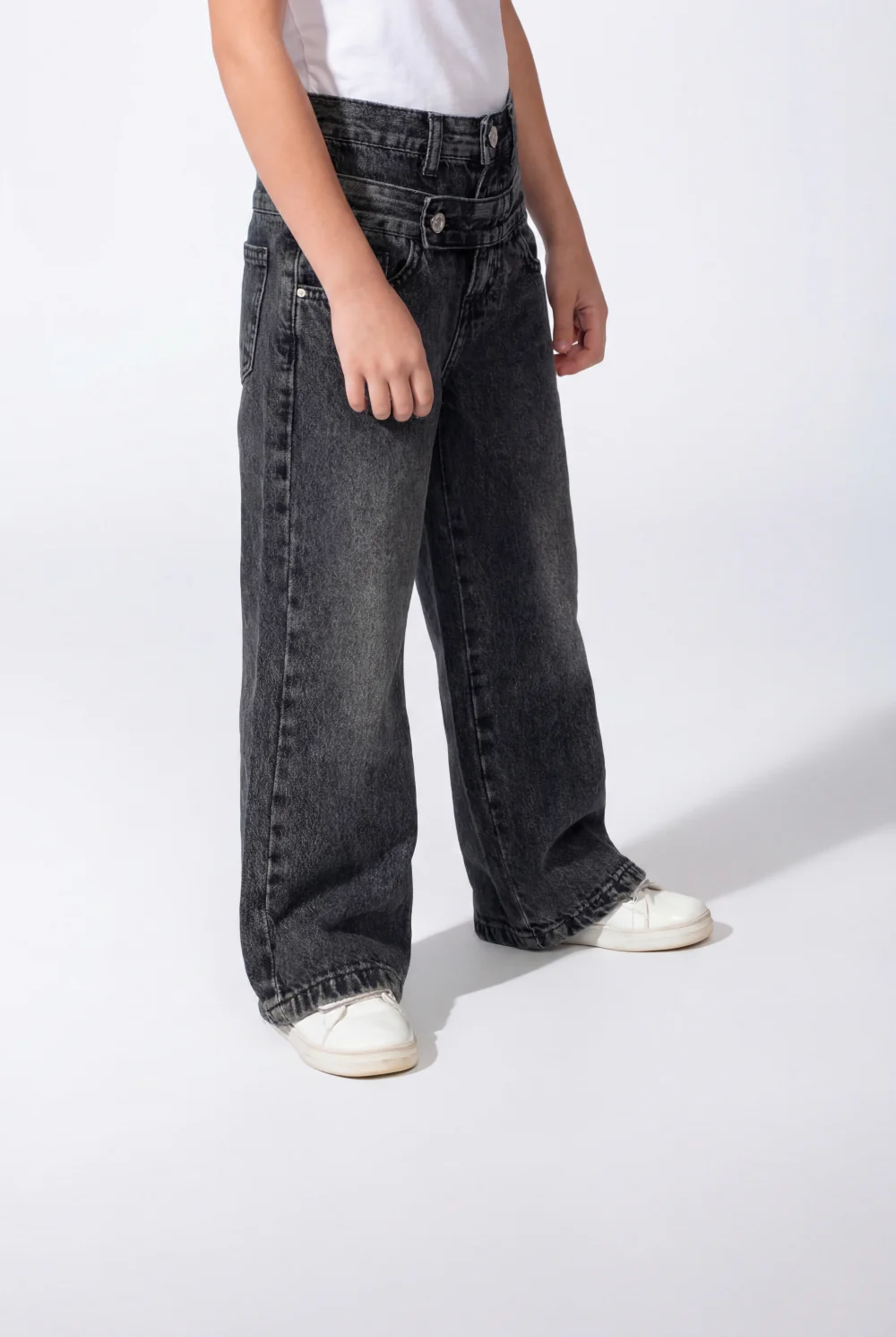 Girl’s Double Waistband Acid Wash Denim Dual Button Fastening Wide Leg Jeans Pants - Image 5