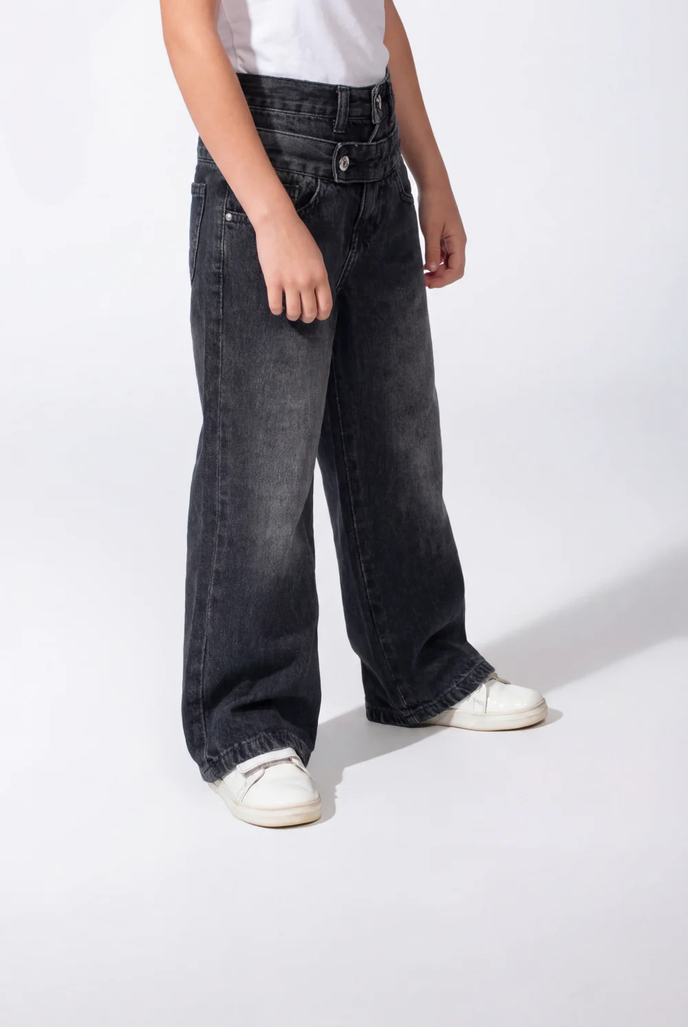 Girl’s Double Waistband Acid Wash Denim Dual Button Fastening Wide Leg Jeans Pants - Image 7