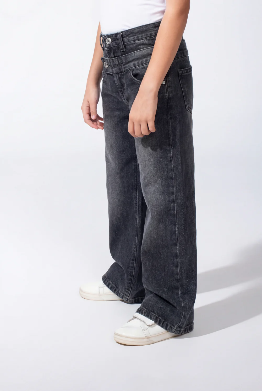 Girl’s Double Waistband Acid Wash Denim Dual Button Fastening Wide Leg Jeans Pants - Image 8