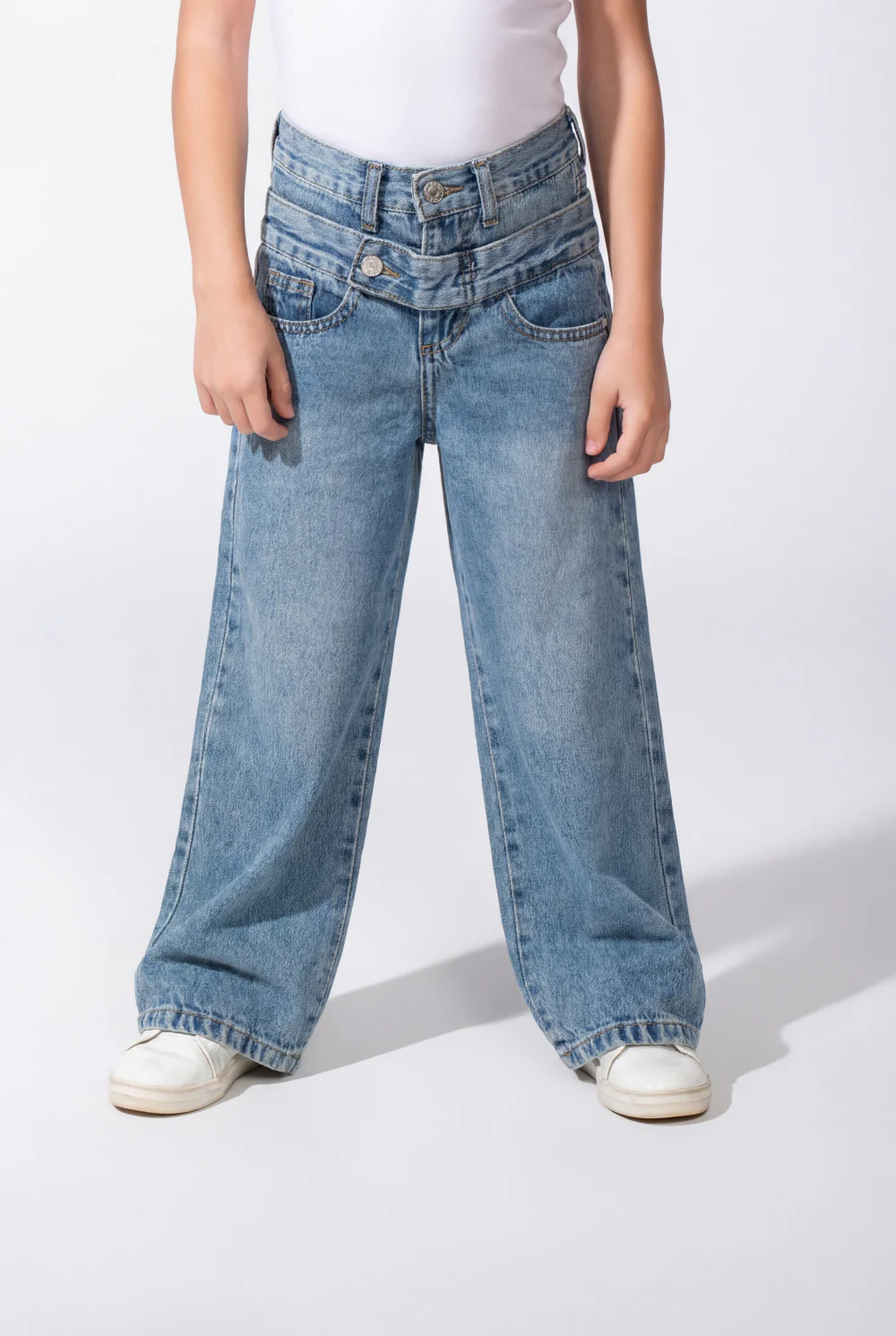 Girl’s Double Waistband Acid Wash Denim Dual Button Fastening Wide Leg Jeans Pants - Image 9