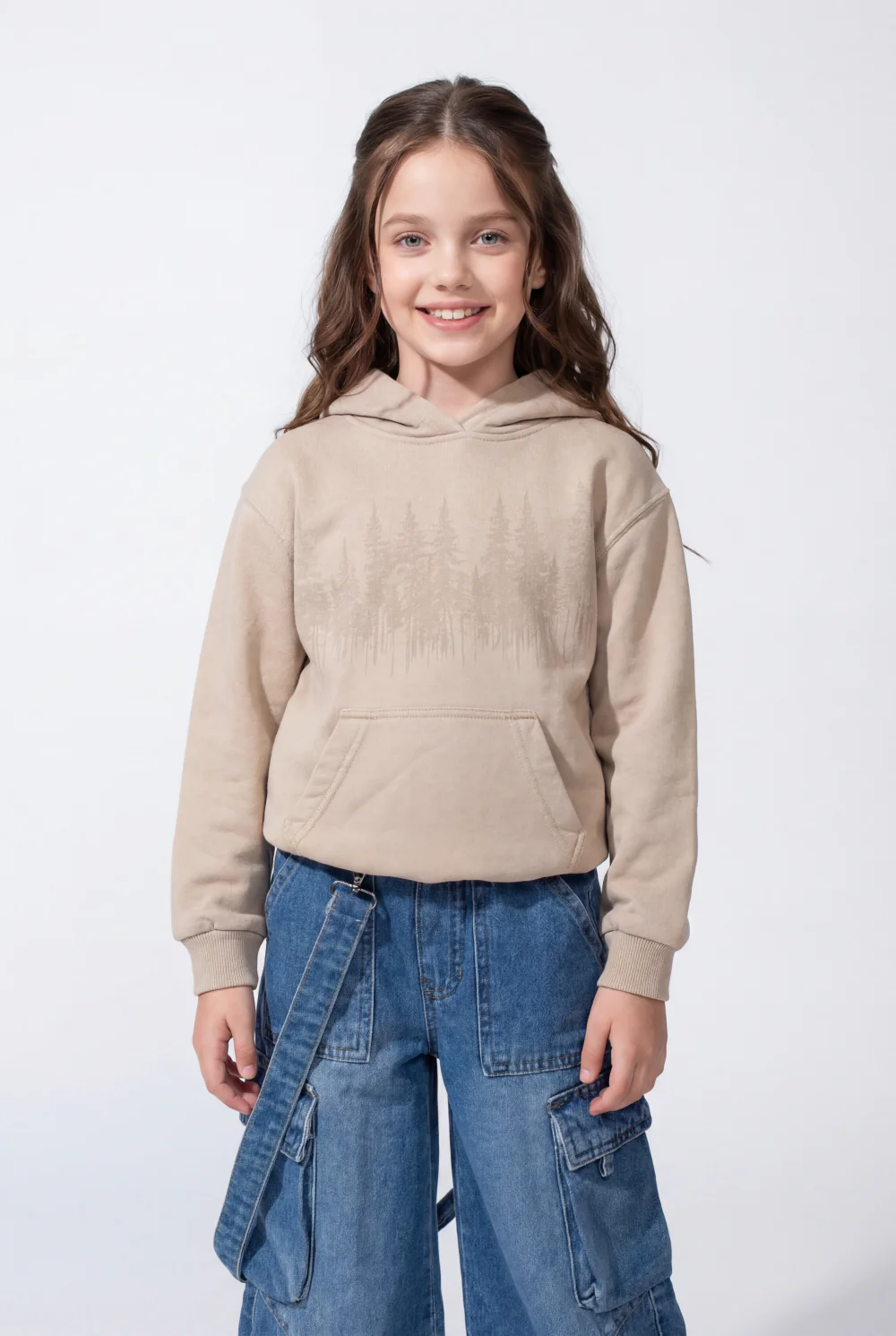 Girl’s Forest-Print Acid-Wash Crossover Hood Kangaroo Pocket Elasticated Bubble Hem Ribbed Cuffs Sweatshirt