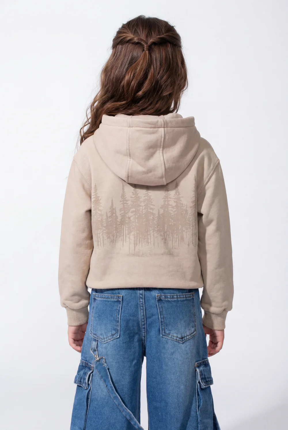 Girl’s Forest-Print Acid-Wash Crossover Hood Kangaroo Pocket Elasticated Bubble Hem Ribbed Cuffs Sweatshirt - Image 2